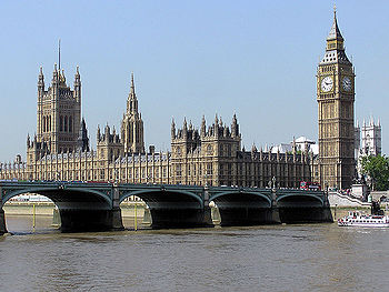 The Palace of Westminster and Westminster Bridge viewed from across the River Thames
