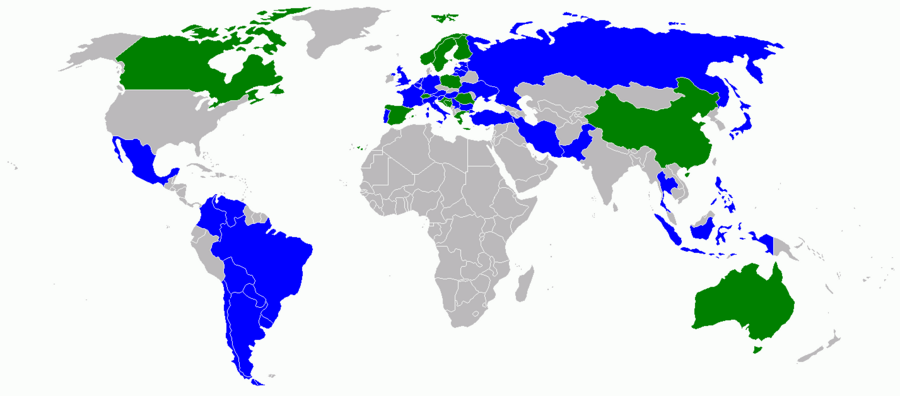 PEACE Global Community (Blue) allied countries compared to EDEN (Green) allied countries.